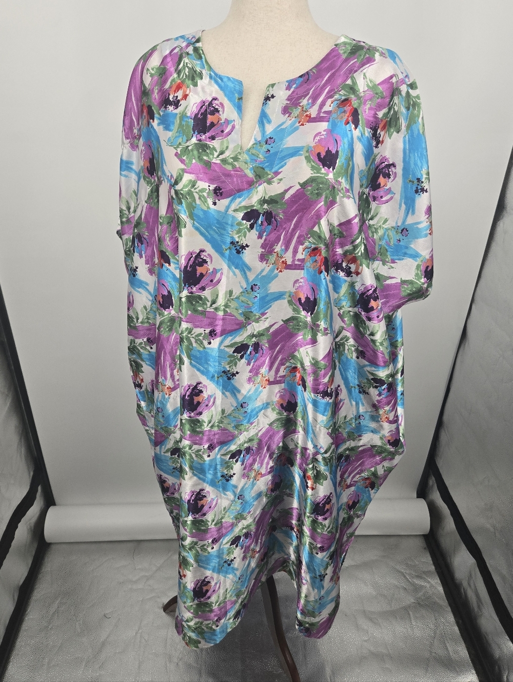 Granada Blue Purple Abstract Floral Vintage Kaftan Patio Dress One Size (7632)